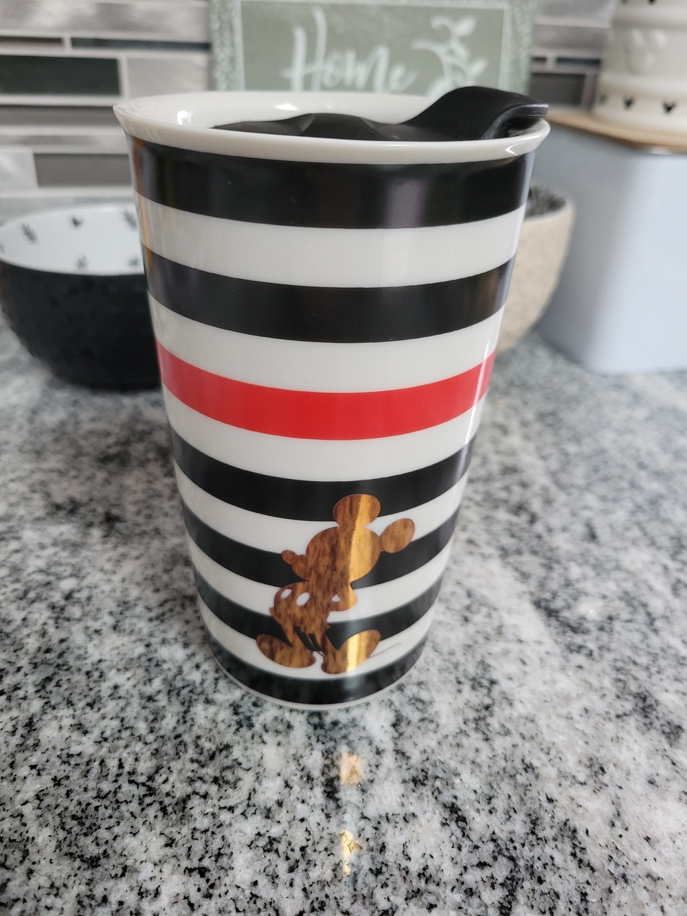 Striped Ceramic Travel Mug with Red Band and Gold Mickey silhouette
